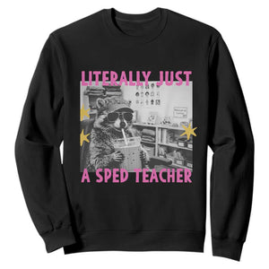 Literally Just A SPED Teacher Raccoon Drinking Iced Coffee Graphic Sweatshirt Special Education Classroom Humor