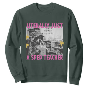 Literally Just A SPED Teacher Raccoon Drinking Iced Coffee Graphic Sweatshirt Special Education Classroom Humor