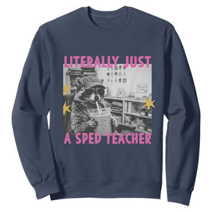 Literally Just A SPED Teacher Raccoon Drinking Iced Coffee Graphic Sweatshirt Special Education Classroom Humor