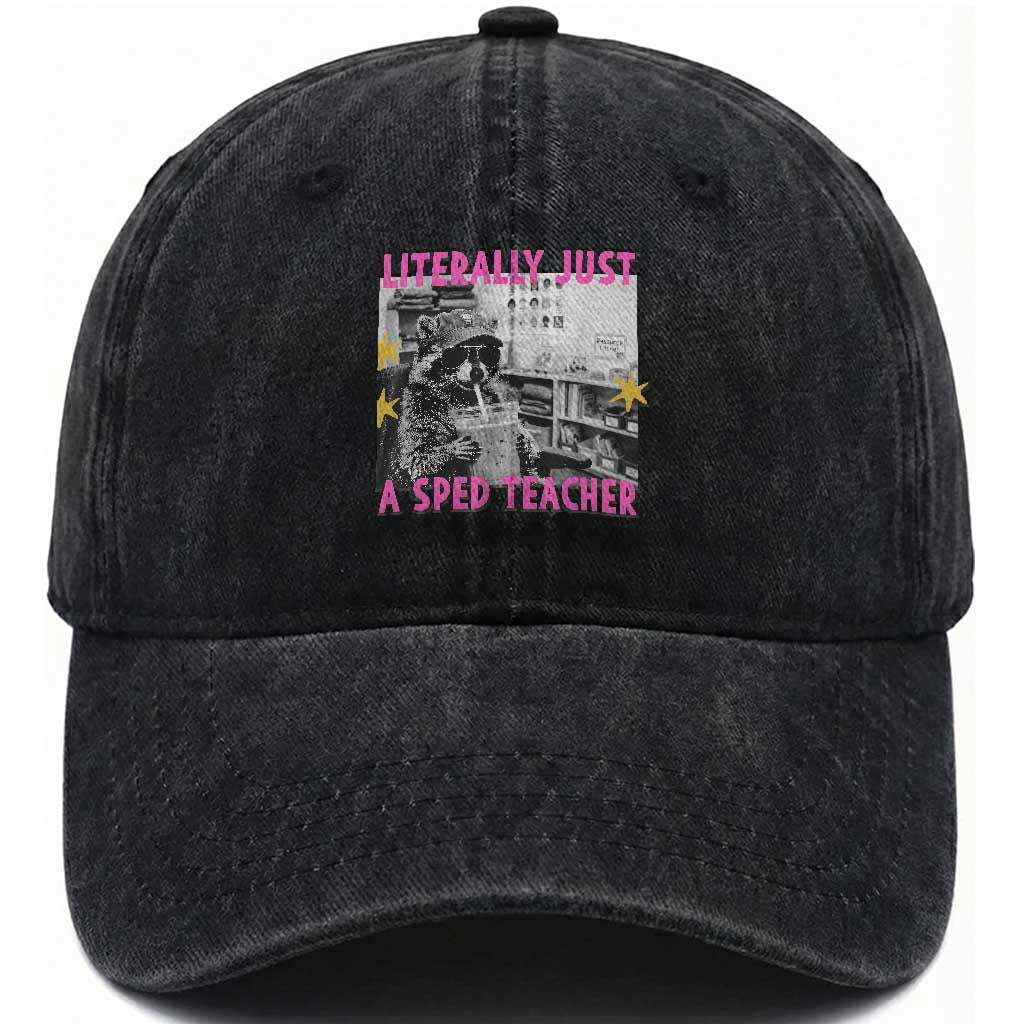 Literally Just A SPED Teacher Raccoon Drinking Iced Coffee Graphic Washed Cotton Baseball Cap Special Education Classroom Humor