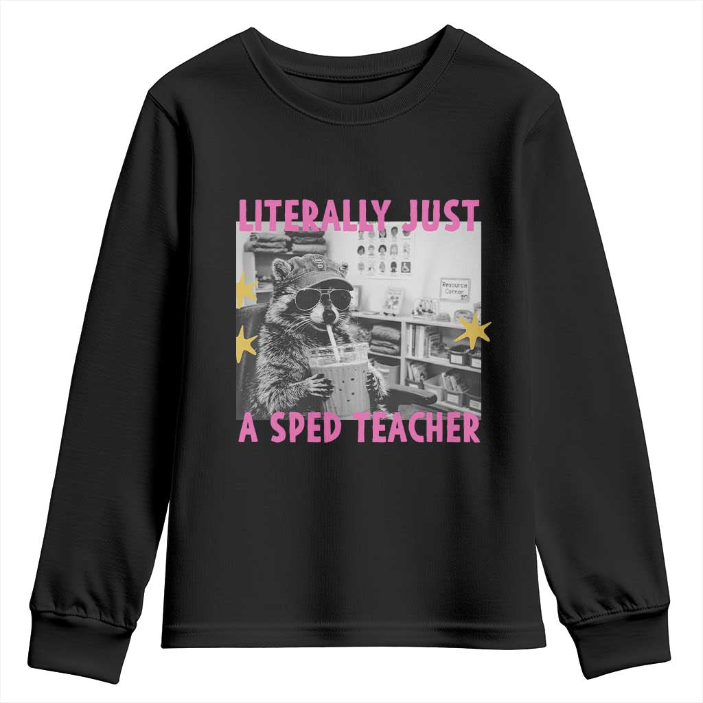 Literally Just A SPED Teacher Raccoon Drinking Iced Coffee Graphic Youth Sweatshirt Special Education Classroom Humor