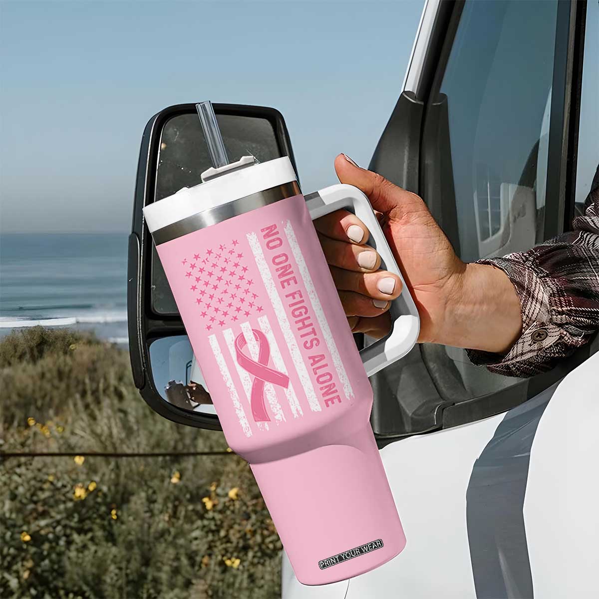 Nobody Fights Alone Pink Ribbon Flag Tumbler With Handle Breast Cancer Awareness Support TS02 Print Your Wear