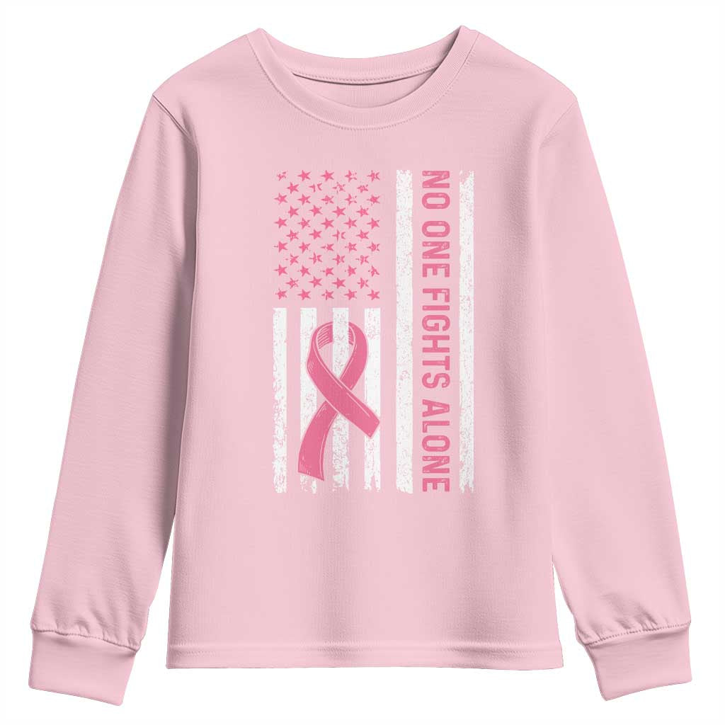 Nobody Fights Alone Pink Ribbon Flag Youth Sweatshirt Breast Cancer Awareness Support TS02 Light Pink Print Your Wear