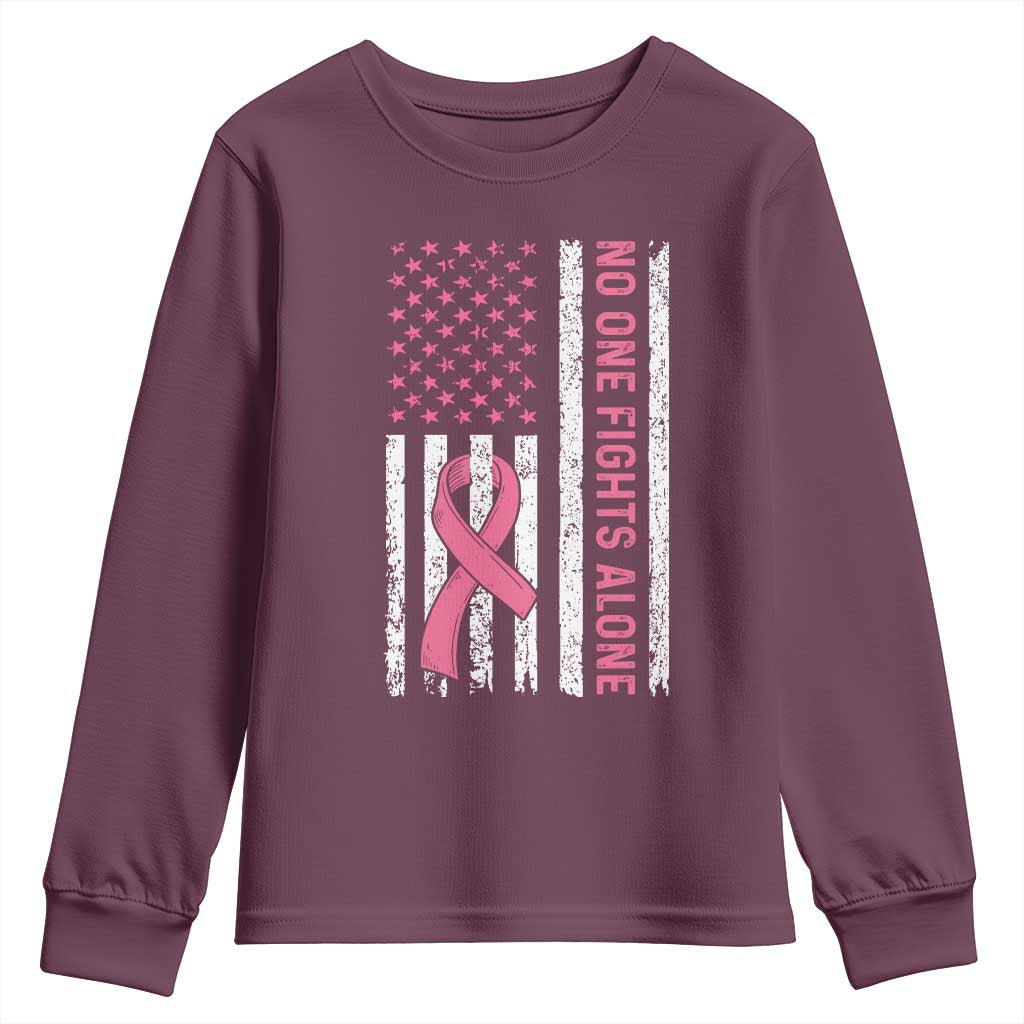 Nobody Fights Alone Pink Ribbon Flag Youth Sweatshirt Breast Cancer Awareness Support TS02 Maroon Print Your Wear
