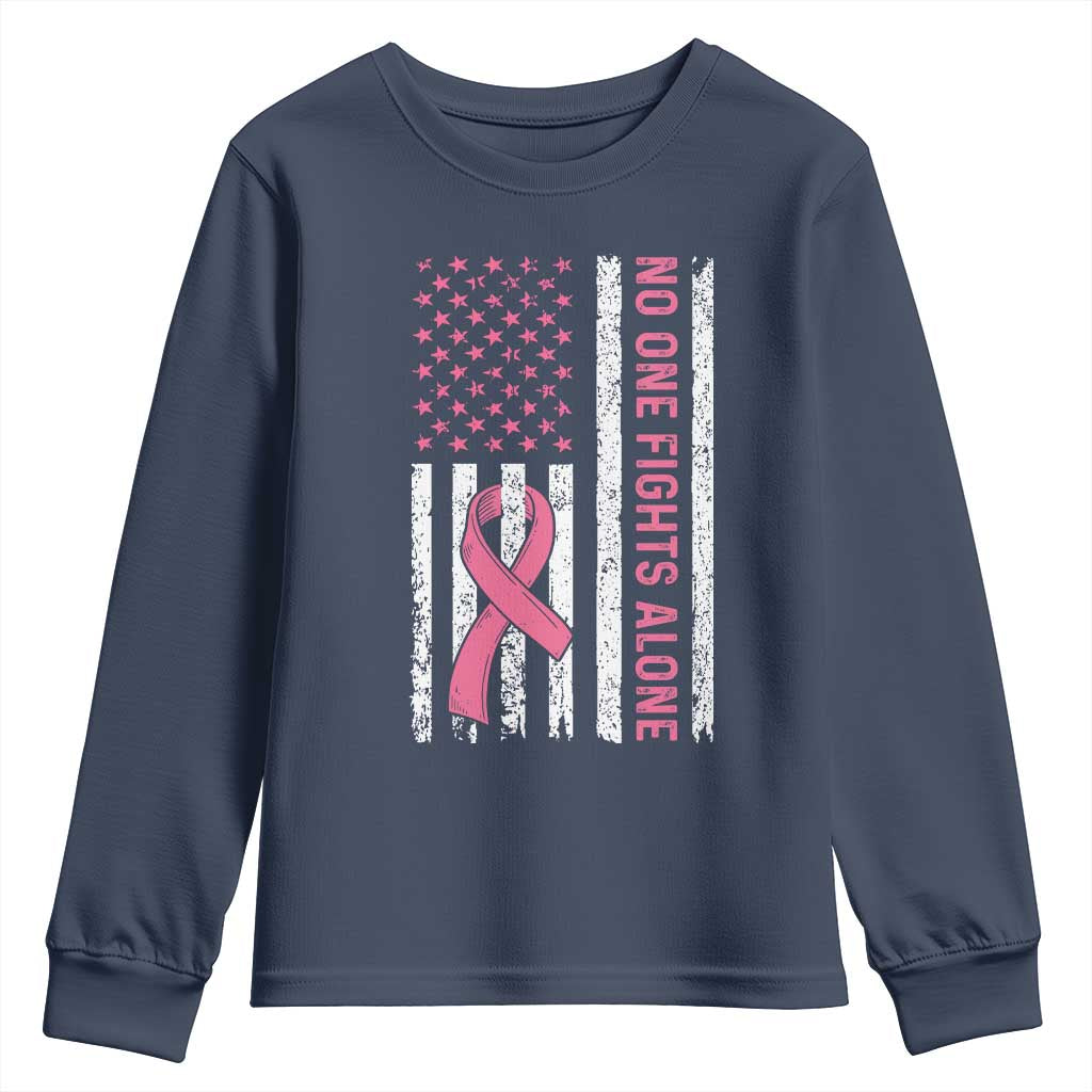 Nobody Fights Alone Pink Ribbon Flag Youth Sweatshirt Breast Cancer Awareness Support TS02 Navy Print Your Wear