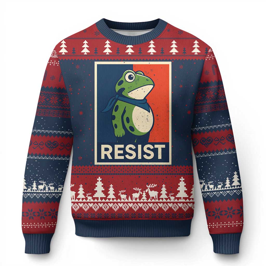 Portland 2025 Protest Ugly Christmas Sweater Frog Resist Against Pepper Spray TS02 Navy Red Print Your Wear