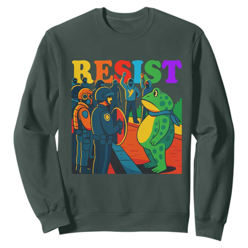 Rainbow Street Protest Frog Sweatshirt Resist LGBTQ+ Solidarity TS02 Dark Forest Green Print Your Wear