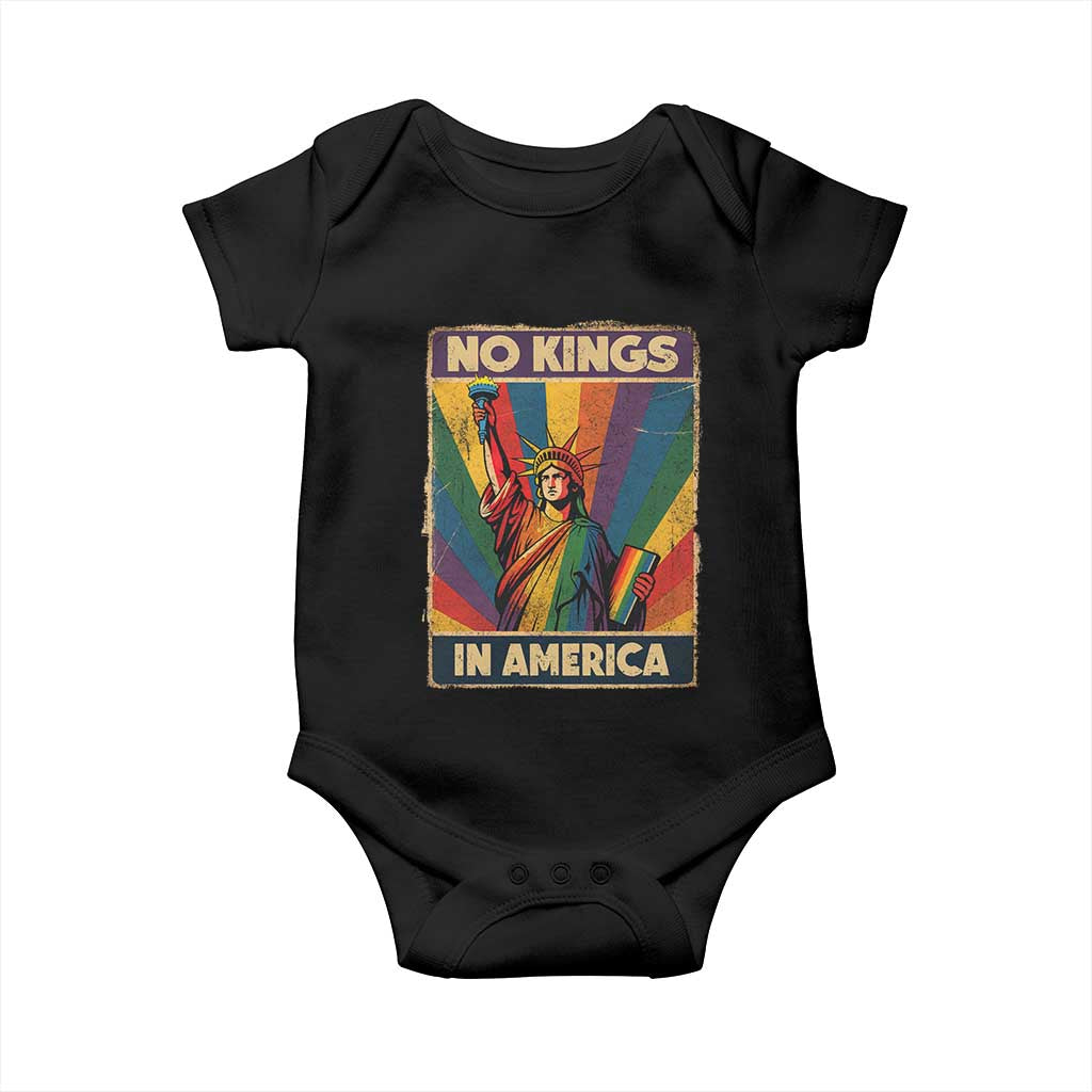 No Kings in America Pride Baby Onesie Rainbow Statue of Liberty Protest TS02 Black Print Your Wear