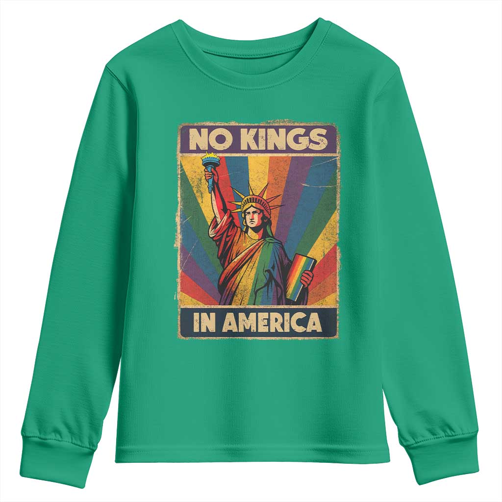 No Kings in America Pride Youth Sweatshirt Rainbow Statue of Liberty Protest TS02 Irish Green Print Your Wear