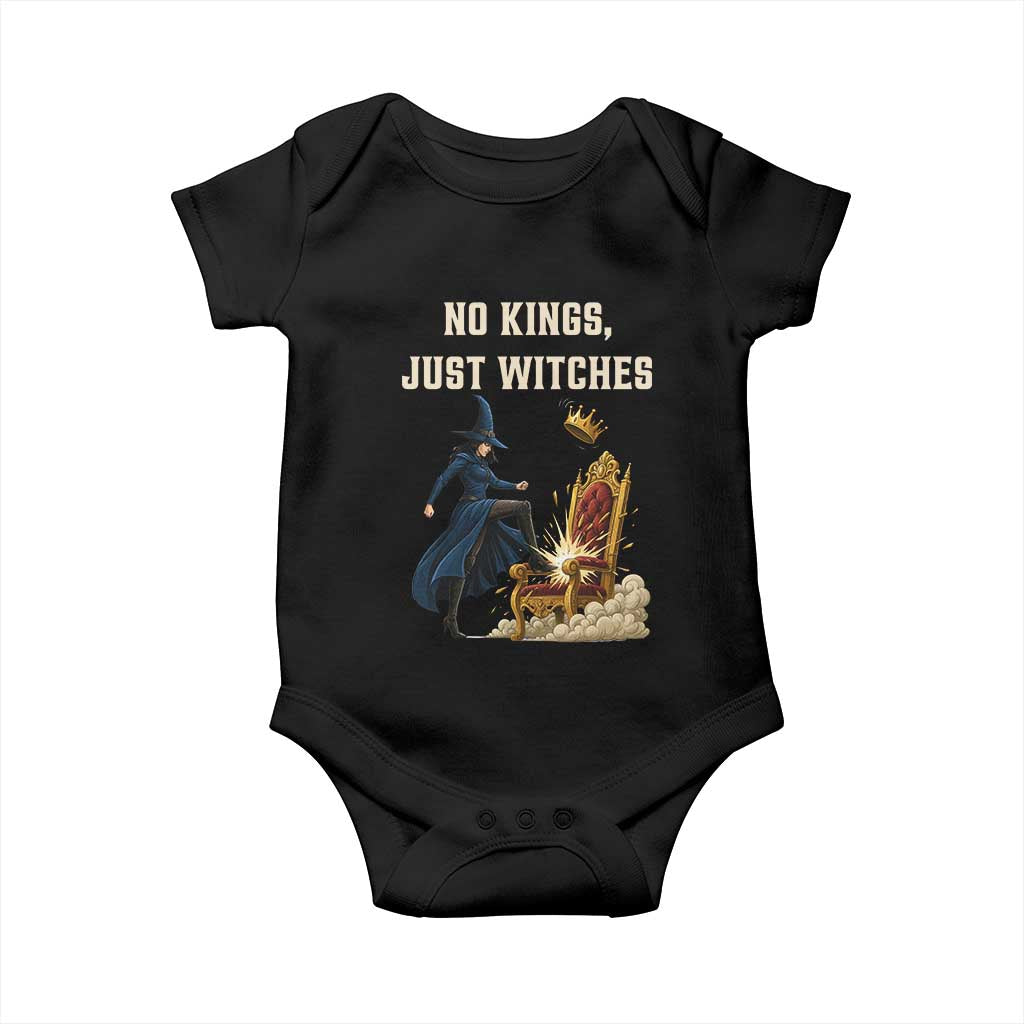 No Kings Just Witches Baby Onesie Feminist Witch Kicking Throne Protest TS02 Black Print Your Wear