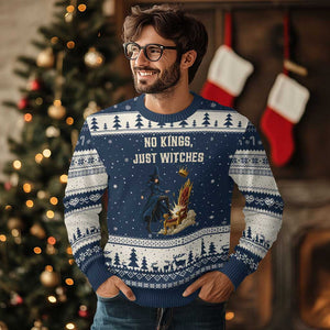 No Kings Just Witches Ugly Christmas Sweater Feminist Witch Kicking Throne Protest TS02 Navy Beige Print Your Wear