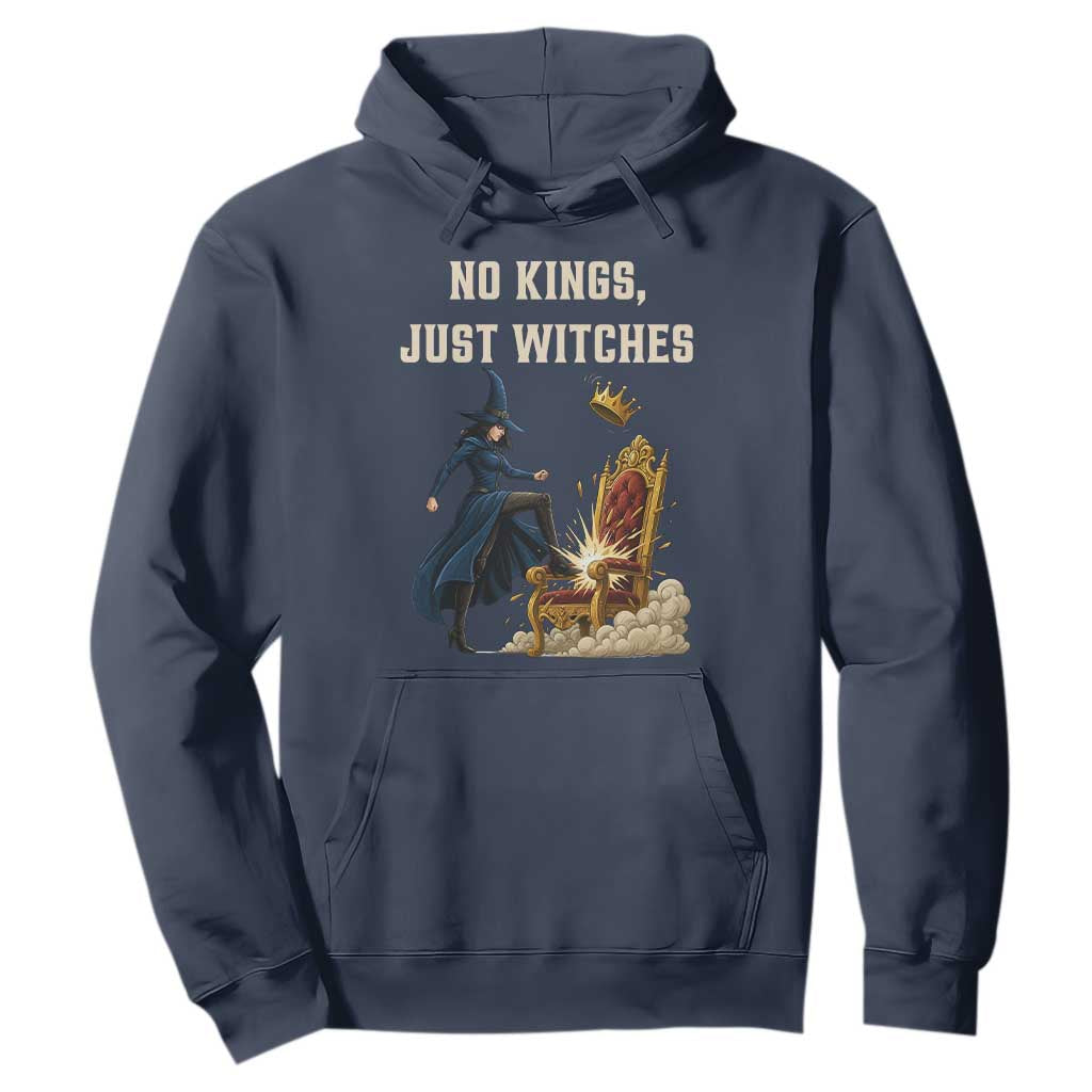 No Kings Just Witches Hoodie Feminist Witch Kicking Throne Protest TS02 Navy Print Your Wear