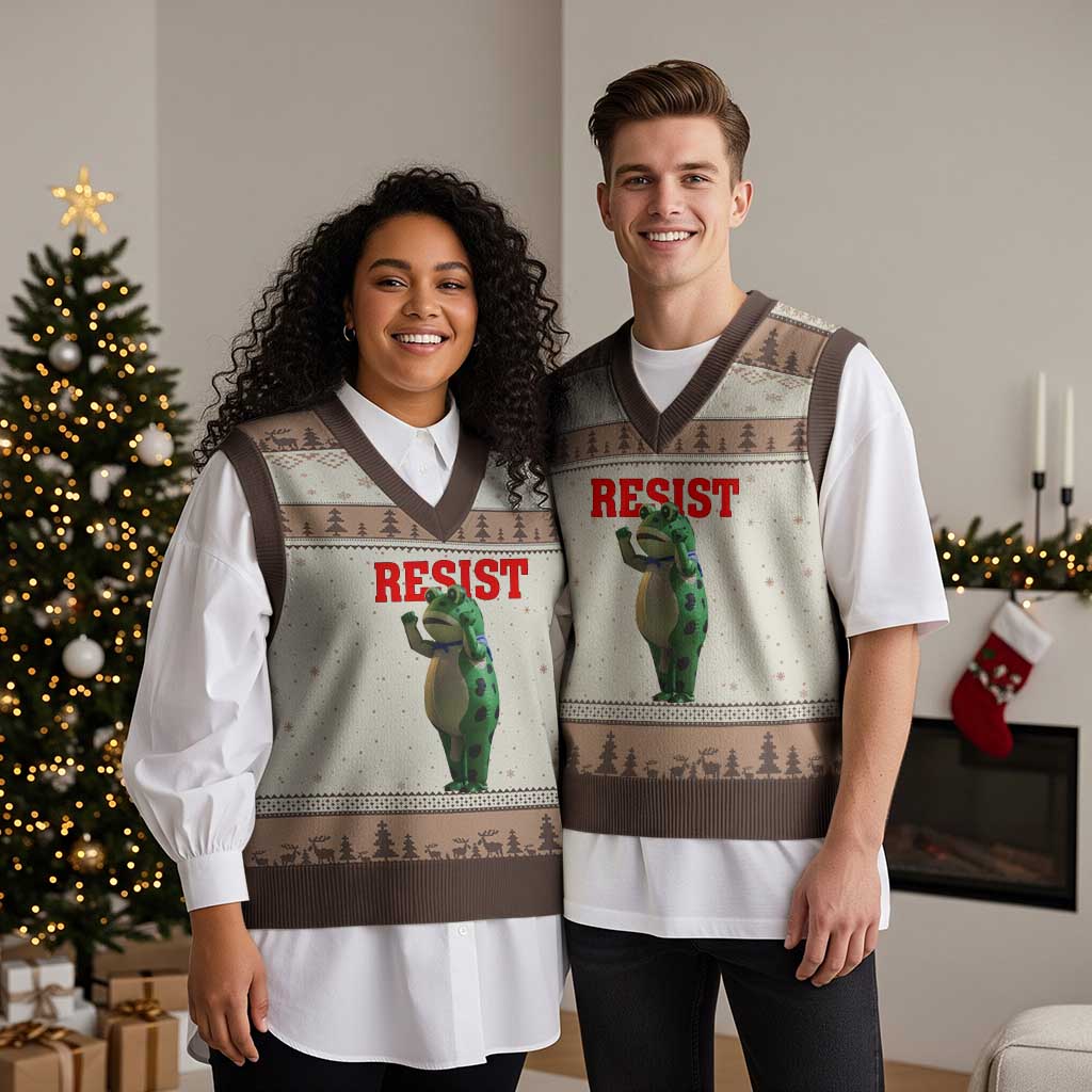 Funny Inflatable Portland Frog Resist V-Neck Knit Sweater Vest Freedom Protest TS02 Mocha Mousse Print Your Wear