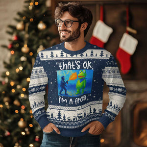 Funny Portland Frog Protest Ugly Christmas Sweater Thats OK Im A Frog Pepper Spray TS02 Navy Beige Print Your Wear