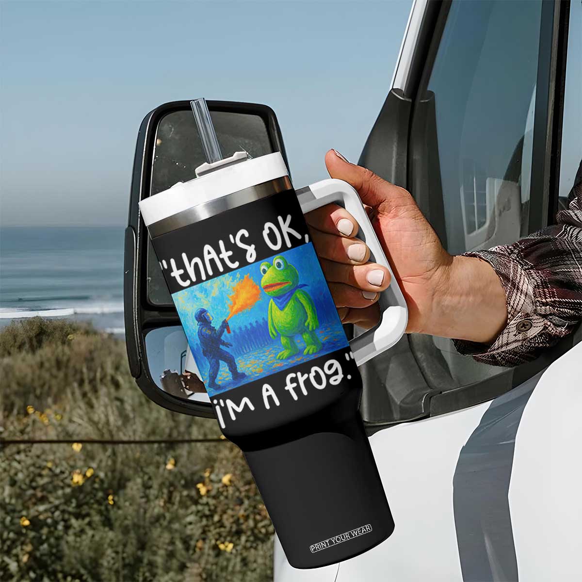 Funny Portland Frog Protest Tumbler With Handle Thats OK Im A Frog Pepper Spray TS02 Print Your Wear