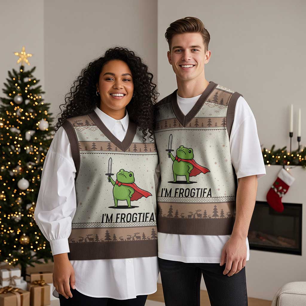 Funny Huzzah Frog V-Neck Knit Sweater Vest Im Frogtifa Knight Resist Protest TS02 Mocha Mousse Print Your Wear