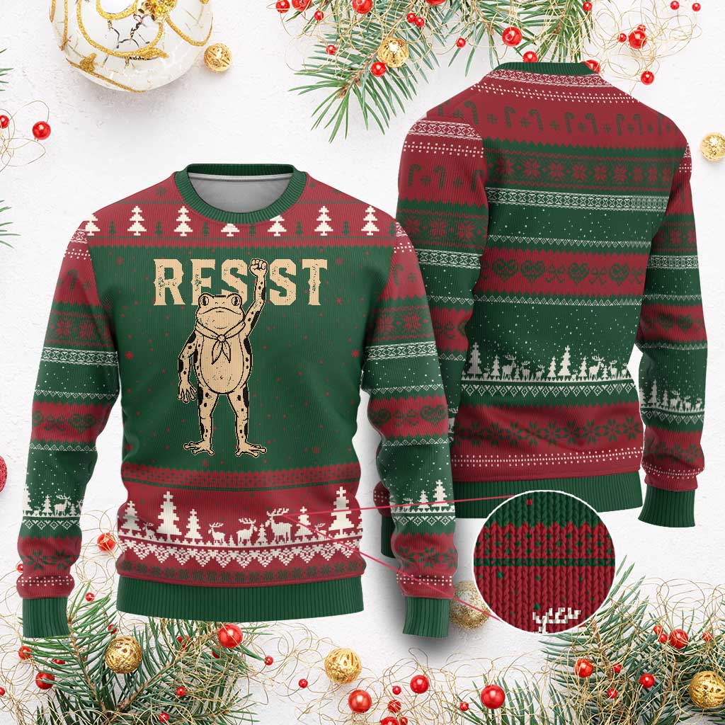 Frog Resist Ugly Christmas Sweater Raised Fist Protest Fighter Retro Graphic TS02 Red Green Print Your Wear