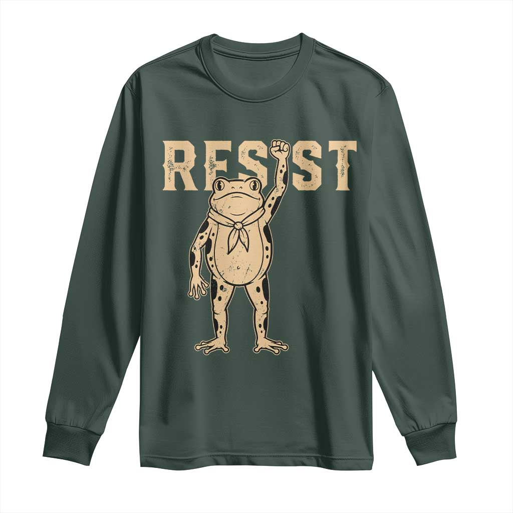 Frog Resist Long Sleeve Shirt Raised Fist Protest Fighter Retro Graphic TS02 Dark Forest Green Print Your Wear