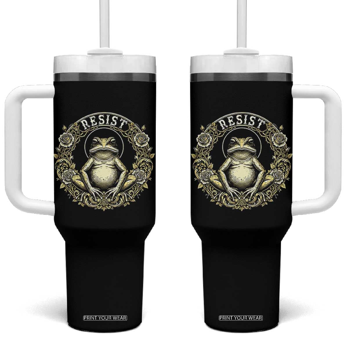 Zen Frog Resist Tumbler With Handle Sacred Resistance Protest Ornate Style Graphic TS02 One Size: 40 oz Black Print Your Wear