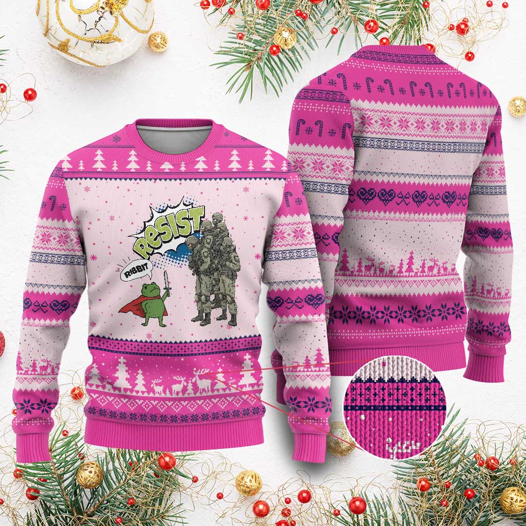 Funny Frog Protest Comic Graphic Ugly Christmas Sweater Ribbit Resist Stand Against TS02 Hot Pink Print Your Wear
