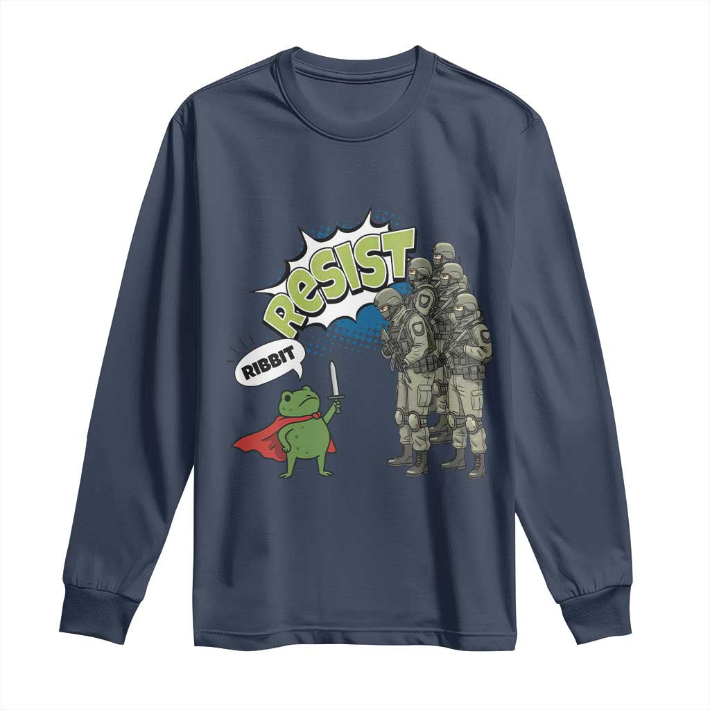 Funny Frog Protest Comic Graphic Long Sleeve Shirt Ribbit Resist Stand Against TS02 Navy Print Your Wear