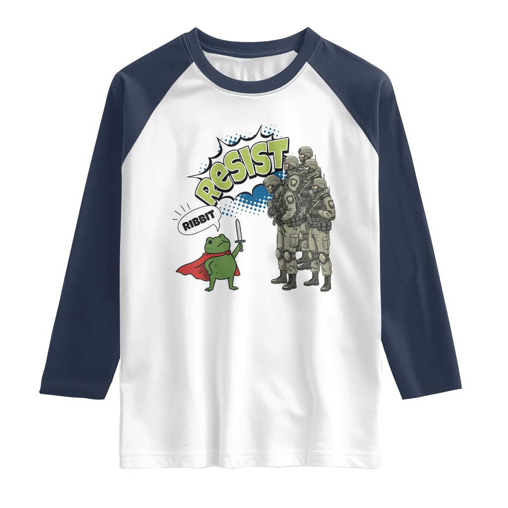 Funny Frog Protest Comic Graphic Raglan Shirt Ribbit Resist Stand Against TS02 White Navy Print Your Wear