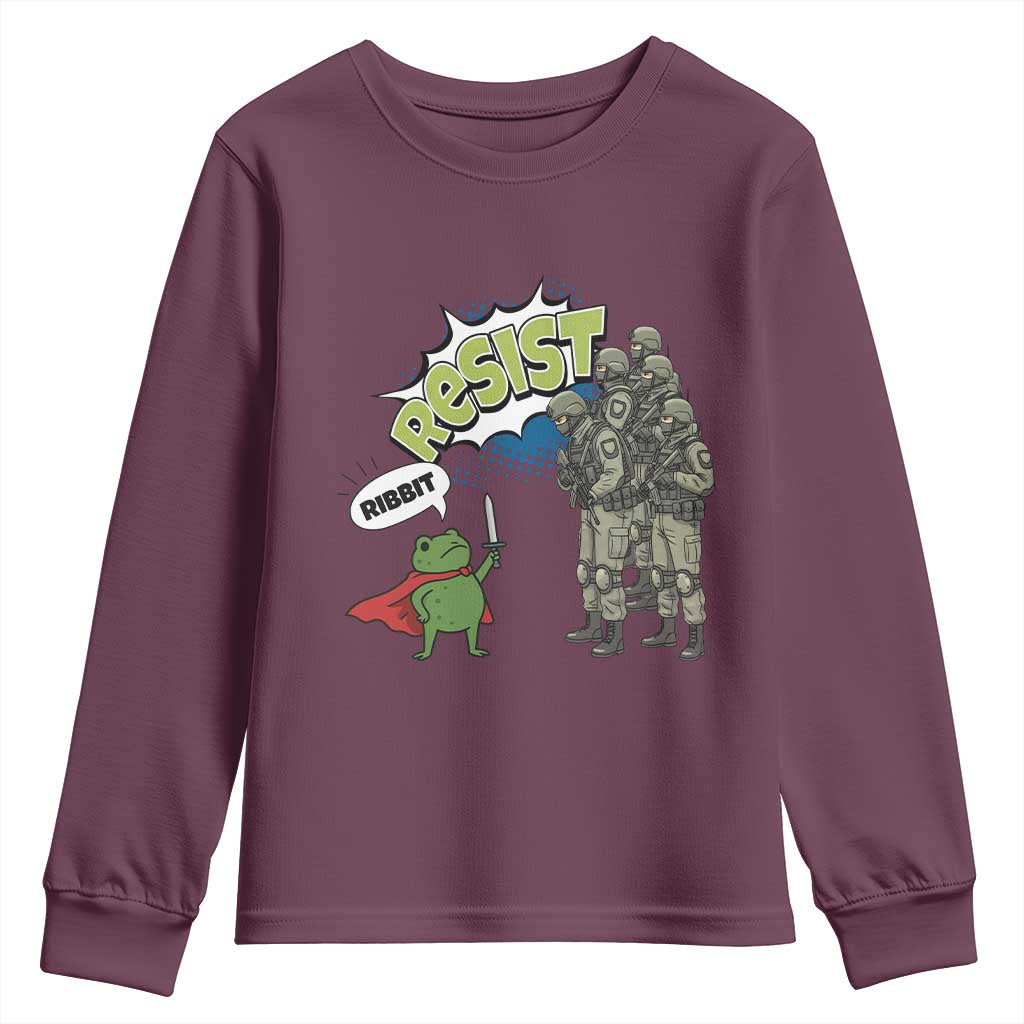 Funny Frog Protest Comic Graphic Youth Sweatshirt Ribbit Resist Stand Against TS02 Maroon Print Your Wear