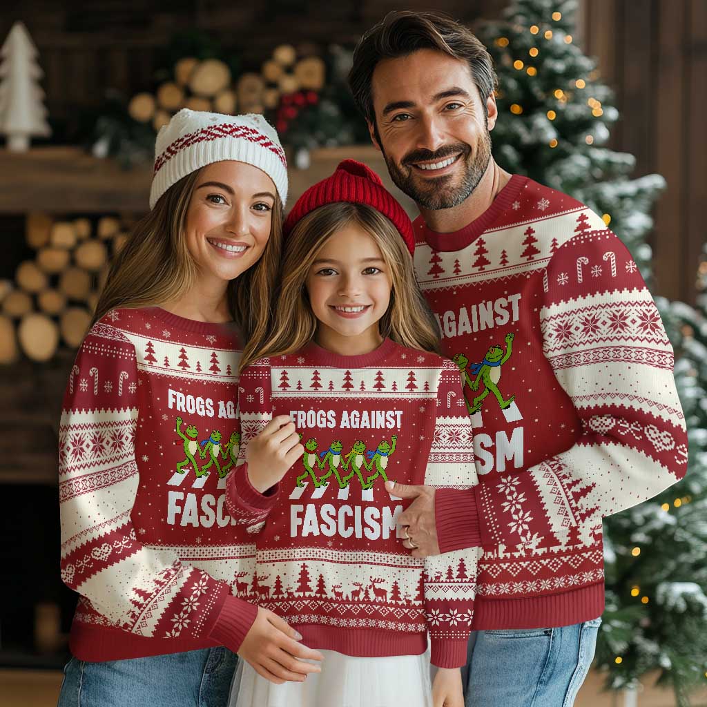 Walking Frog Against Fascism Ugly Christmas Sweater Frogs Band Resistance Protest TS02 Red Beige Print Your Wear