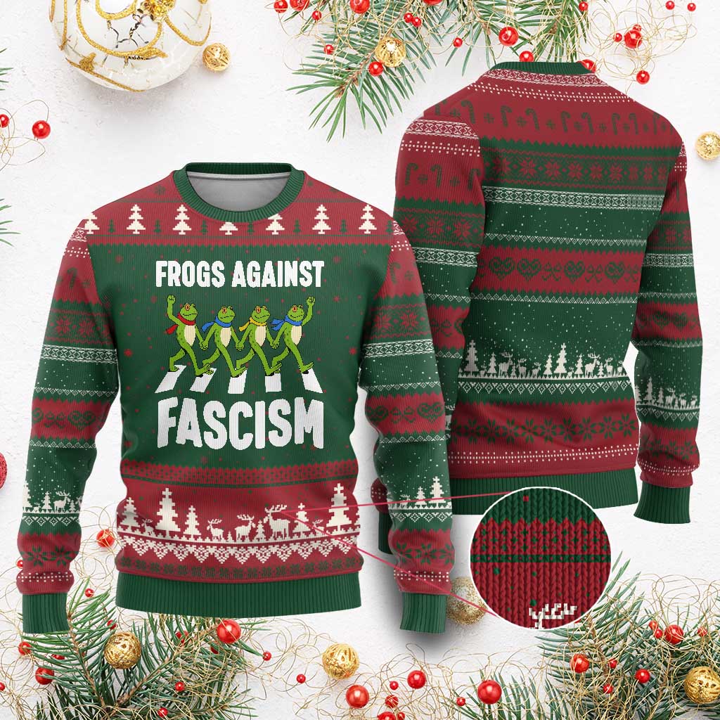 Walking Frog Against Fascism Ugly Christmas Sweater Frogs Band Resistance Protest TS02 Red Green Print Your Wear