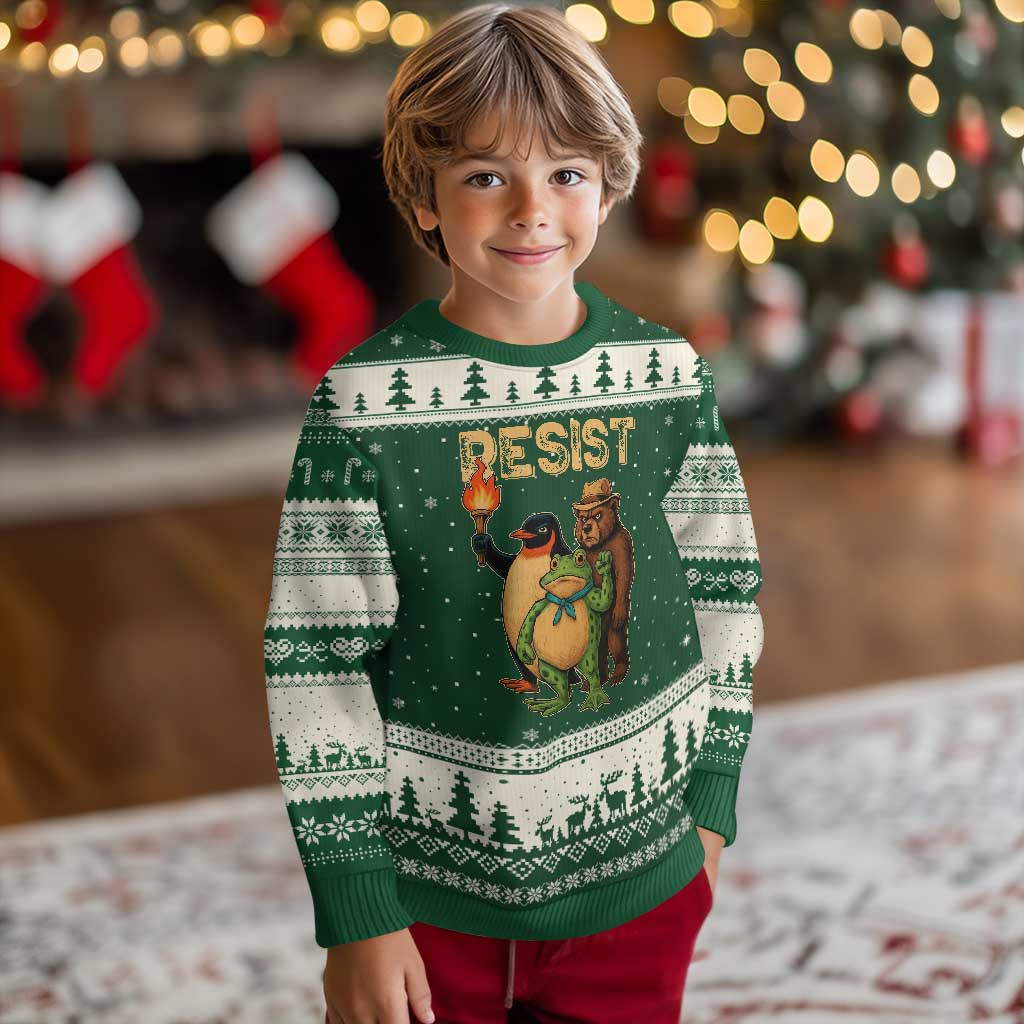 Resist Social Club 2025 Ugly Christmas Sweater Bear Penguin Frog Protest Unity for Social Justice TS02 Forest Green Beige Print Your Wear