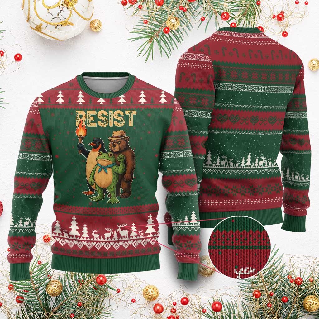 Resist Social Club 2025 Ugly Christmas Sweater Bear Penguin Frog Protest Unity for Social Justice TS02 Red Green Print Your Wear