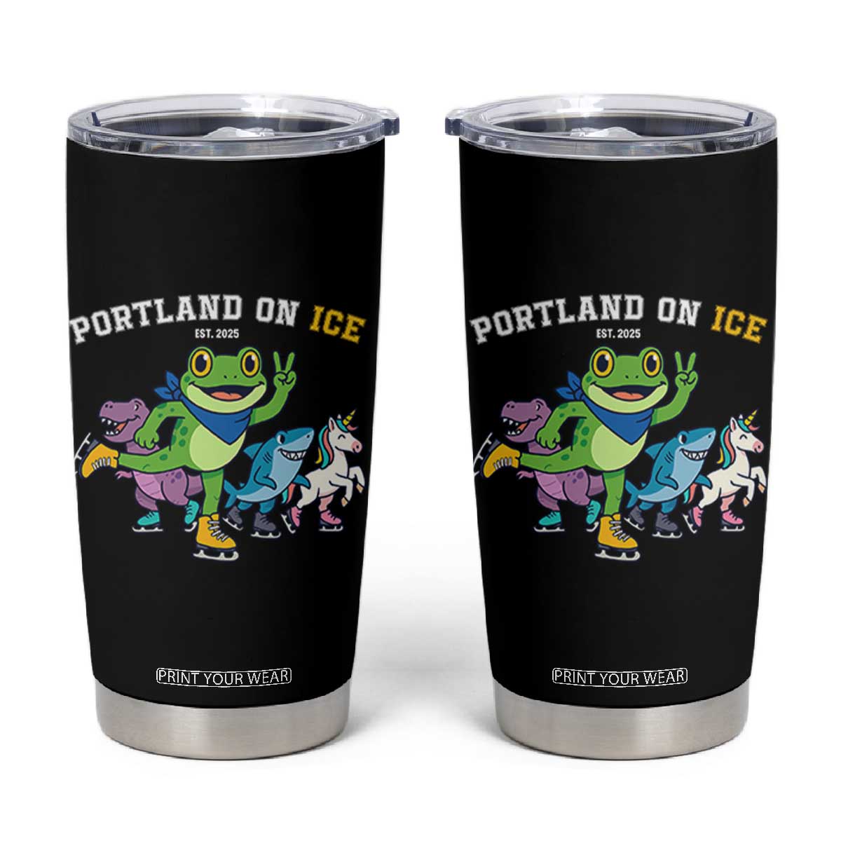 Portland On Ice 2025 Tumbler Cup Resist Frog and Inflatable Animals Protest Sarcastic Politics TS02 Black Print Your Wear
