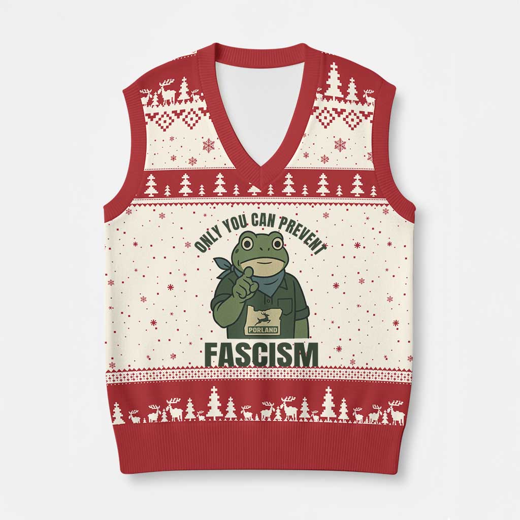 Only You Can Prevent Fascism Portland Frog V-Neck Knit Sweater Vest Resist Protest Forest Ranger TS02 Beige Red Print Your Wear