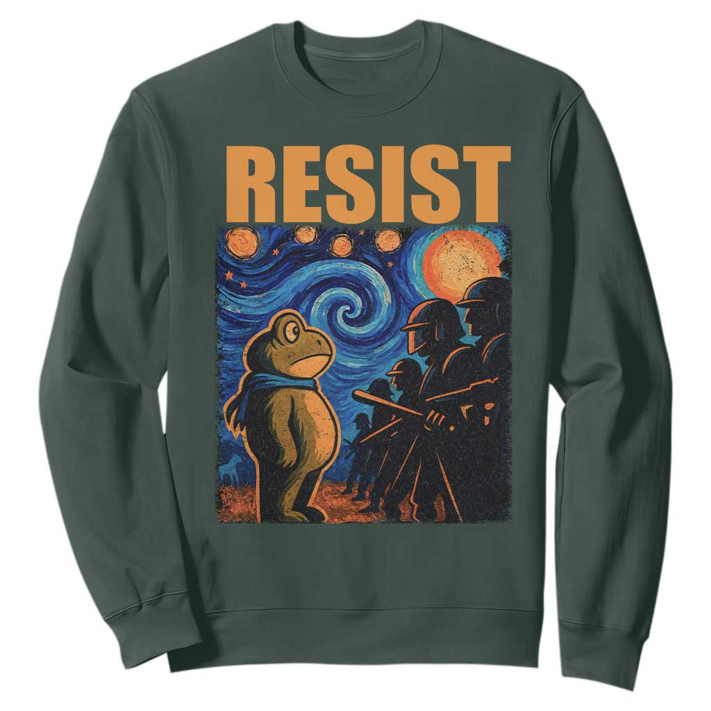 Starry Night Resist Frog Sweatshirt Resistance Protest Surreal Art Graphic TS02 Dark Forest Green Print Your Wear