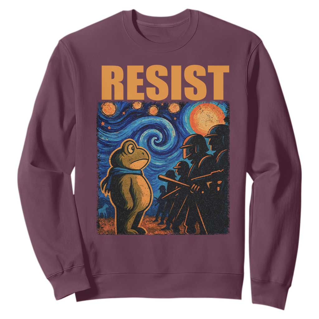 Starry Night Resist Frog Sweatshirt Resistance Protest Surreal Art Graphic TS02 Maroon Print Your Wear