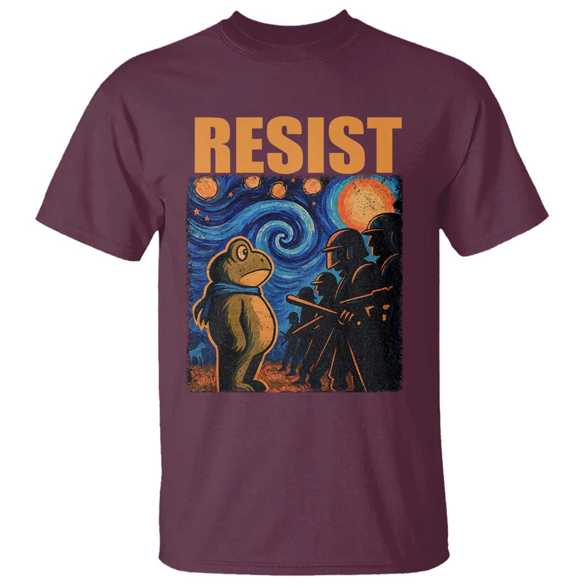 Starry Night Resist Frog T Shirt Resistance Protest Surreal Art Graphic TS02 Maroon Print Your Wear