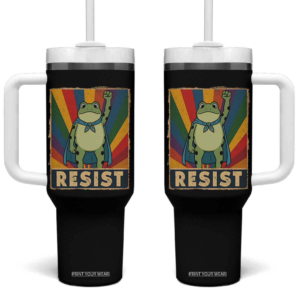 Rainbow Resist Frog Tumbler With Handle Portland Pride and Protest Resistance TS02 One Size: 40 oz Black Print Your Wear