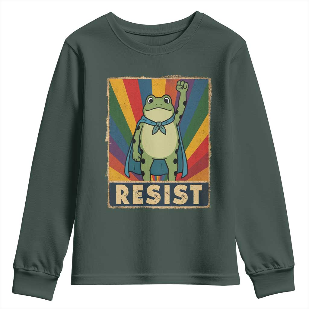 Rainbow Resist Frog Youth Sweatshirt Portland Pride and Protest Resistance TS02 Dark Forest Green Print Your Wear