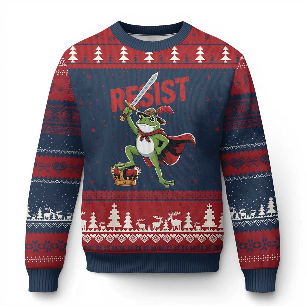 Sword Wielding Frog Resistance Ugly Christmas Sweater Resist Protest No Kings TS02 Navy Red Print Your Wear