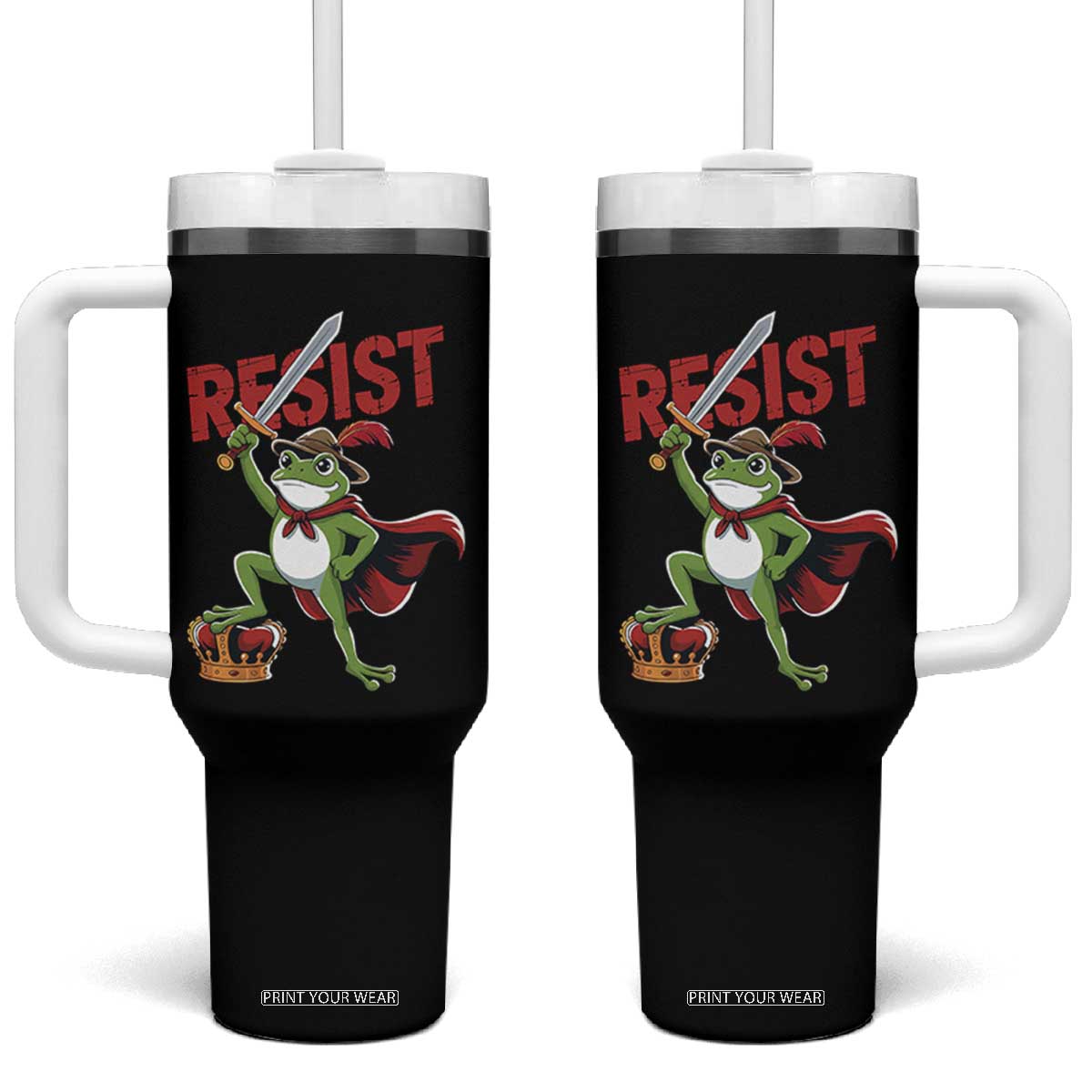 Sword Wielding Frog Resistance Tumbler With Handle Resist Protest No Kings TS02 One Size: 40 oz Black Print Your Wear