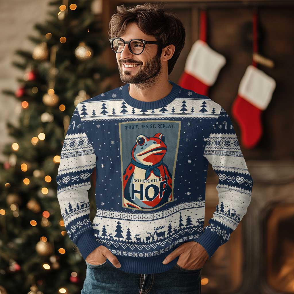 No Hope Without Hop Ugly Christmas Sweater Ribbit Resist Repeat Resistance Frog Protest Pop Art Graphic TS02 Navy Beige Print Your Wear