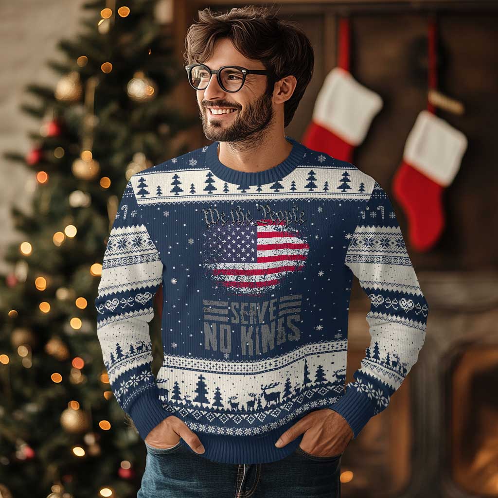 We The People Serve No Kings Ugly Christmas Sweater Patriotic Eagle American Flag TS02 Navy Beige Print Your Wear