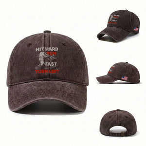 Baseball Lover Washed Cotton Baseball Cap Hit Hard Run Fast Turn Left Softball Fan TS02 Washed Cap Universal Fit Dark Brown Print Your Wear