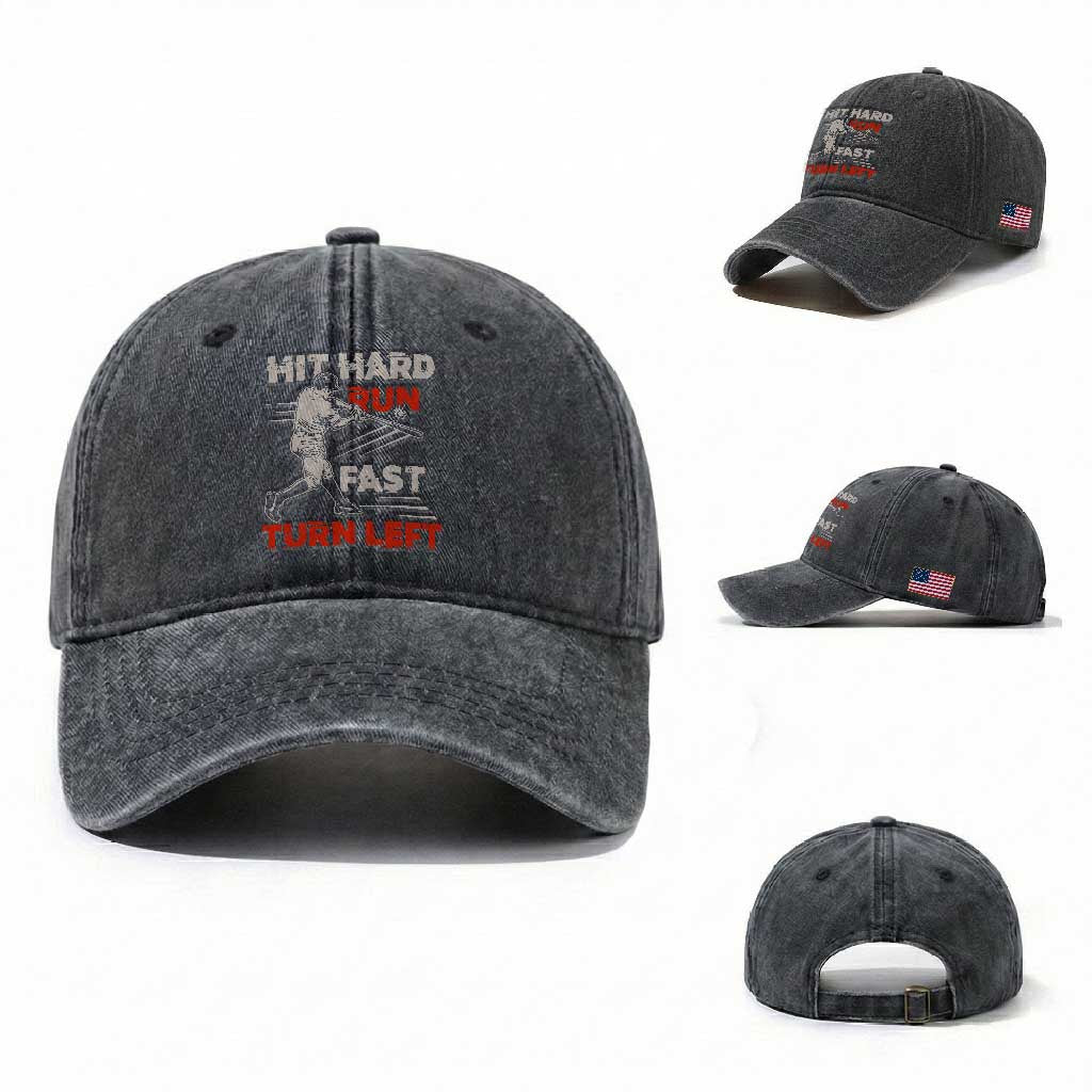 Baseball Lover Washed Cotton Baseball Cap Hit Hard Run Fast Turn Left Softball Fan TS02 Washed Cap Universal Fit Dark Gray Print Your Wear