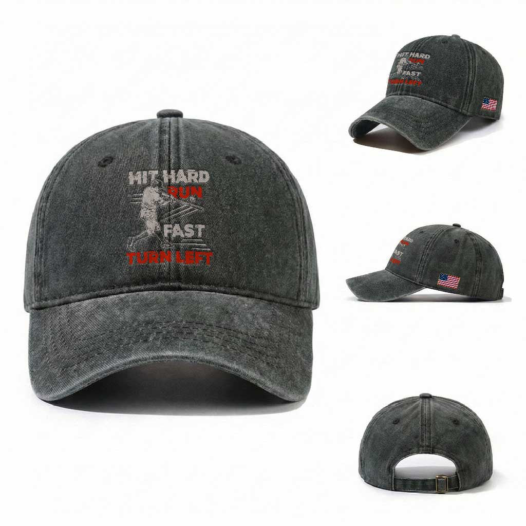 Baseball Lover Washed Cotton Baseball Cap Hit Hard Run Fast Turn Left Softball Fan TS02 Washed Cap Universal Fit Dark Green Print Your Wear