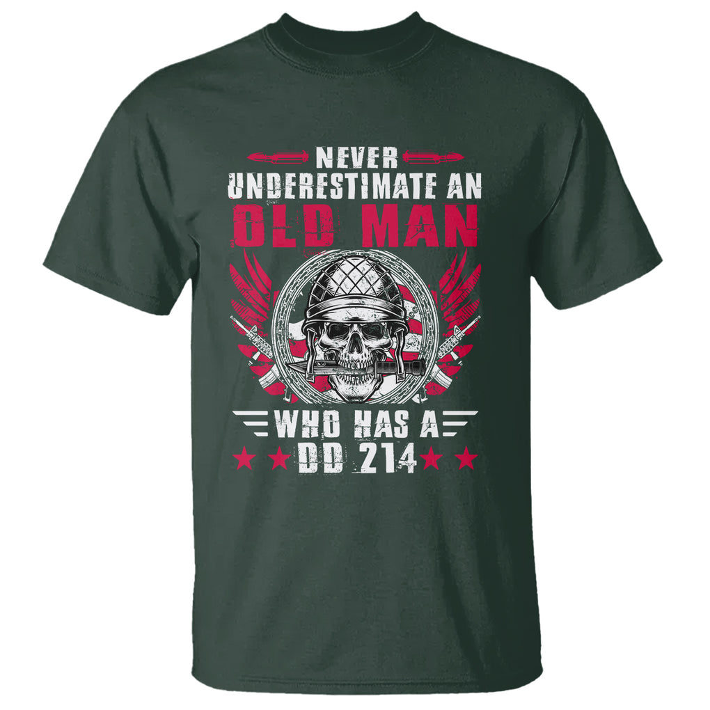 Soldier Skull T Shirt Never Underestimate An Old Man Who Has A DD214 TS02 Dark Forest Green Printyourwear