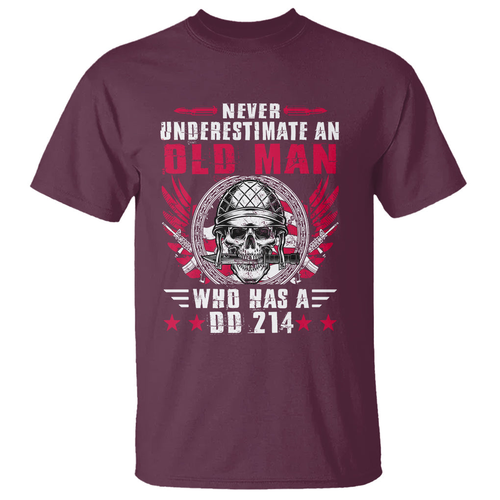 Soldier Skull T Shirt Never Underestimate An Old Man Who Has A DD214 TS02 Maroon Printyourwear