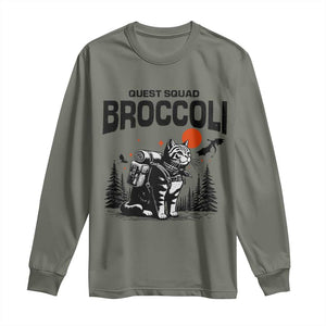 Quest Squad Broccoli Cat Long Sleeve Shirt Funny Hiking Adventure Cute Camping Feline TS02 Military Green Print Your Wear