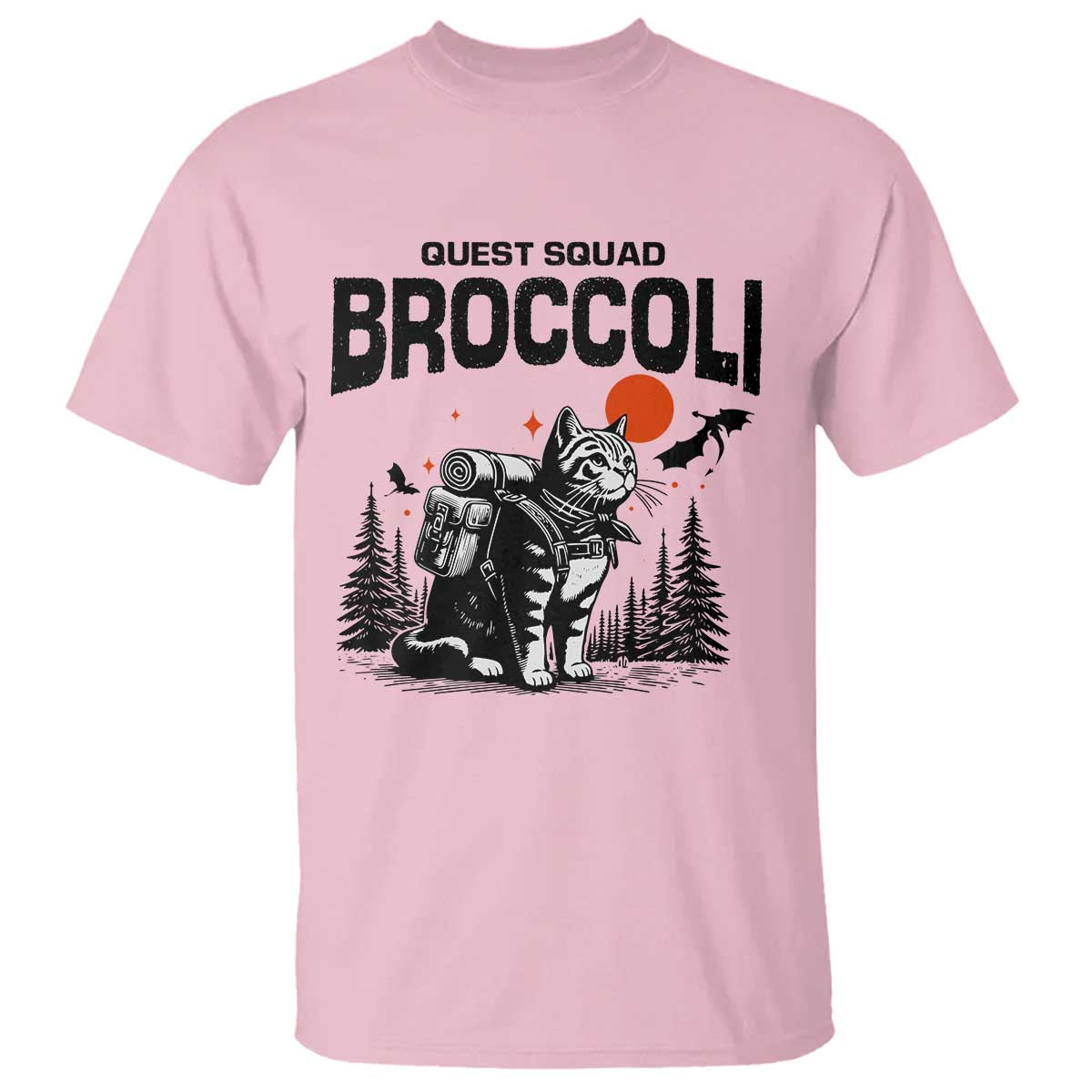 Quest Squad Broccoli Cat T Shirt Funny Hiking Adventure Cute Camping Feline TS02 Light Pink Print Your Wear