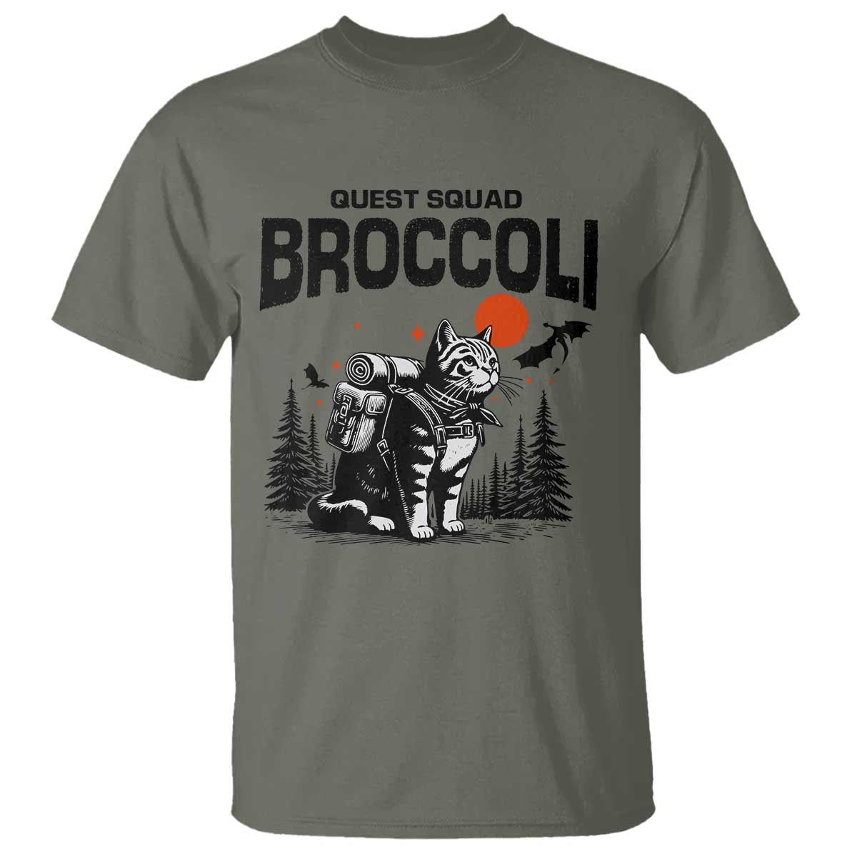 Quest Squad Broccoli Cat T Shirt Funny Hiking Adventure Cute Camping Feline TS02 Military Green Print Your Wear